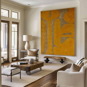 Large Geometric Oil Painting – Yellow and Gray Abstract Canvas Art Hand Painted for Modern Living Room