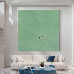 Large Contemporary Tiny Figure Canvas Wall Art Minimalist Aqua Painting for Living Room Decor