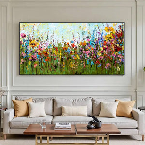 Large Abstract Floral Meadow Canvas Wall Art | Textured Wildflower Landscape Painting for Bedroom