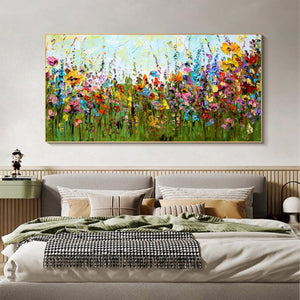 Large Abstract Floral Meadow Canvas Wall Art | Textured Wildflower Landscape Painting for Bedroom