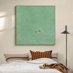 Large Contemporary Tiny Figure Canvas Wall Art Minimalist Aqua Painting for Living Room Decor