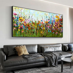 Large Abstract Floral Meadow Canvas Wall Art | Textured Wildflower Landscape Painting for Bedroom