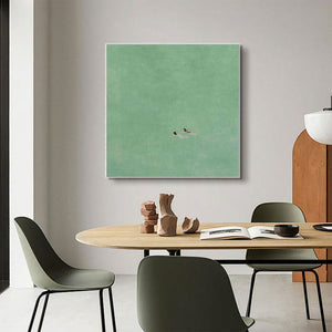 Large Contemporary Tiny Figure Canvas Wall Art Minimalist Aqua Painting for Living Room Decor