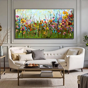 Large Abstract Floral Meadow Canvas Wall Art | Textured Wildflower Landscape Painting for Bedroom