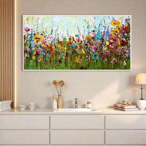 Large Abstract Floral Meadow Canvas Wall Art | Textured Wildflower Landscape Painting for Bedroom