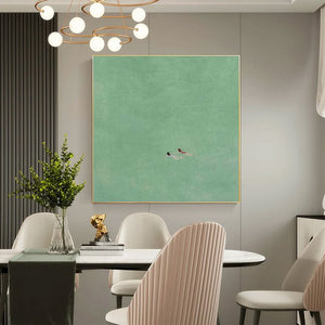 Large Contemporary Tiny Figure Canvas Wall Art Minimalist Aqua Painting for Living Room Decor