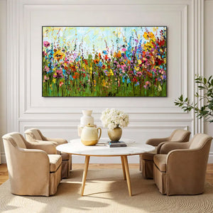 Large Abstract Floral Meadow Canvas Wall Art | Textured Wildflower Landscape Painting for Bedroom