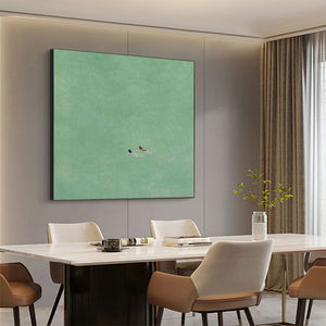 Large Contemporary Tiny Figure Canvas Wall Art Minimalist Aqua Painting for Living Room Decor