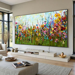 Large Abstract Floral Meadow Canvas Wall Art | Textured Wildflower Landscape Painting for Bedroom