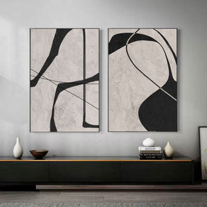Set of 2 Large Black & Beige Abstract Geometric Canvas Wall Art Modern Minimalist Textured Painting for Living Room Decor