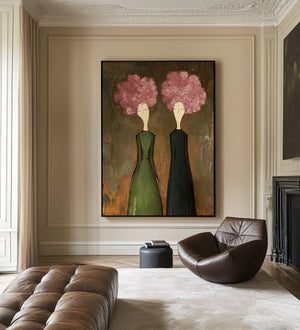Large Modern Floral Portrait Oil Painting on Canvas Textured Wall Art for Living Room Decor