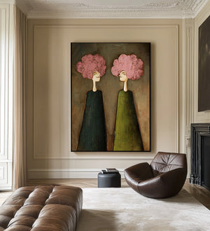 Large Expressive Floral Figure Oil Painting on Canvas Textured Wall Art for Modern Living Room Decor