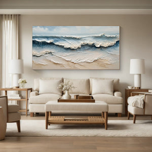 Large 3D Textured Ocean Wave Hand-Painted Oil Painting Coastal Canvas Wall Art for Living Room Decor