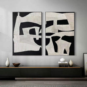 Set of 2 Large Black & White Abstract Textured Canvas Wall Art Modern Minimalist Painting for Living Room Decor