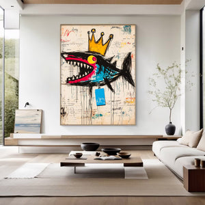Large Abstract Crown Shark Urban Graffiti Oil Painting Basquiat Inspired Contemporary Wall Art for Modern Home Decor