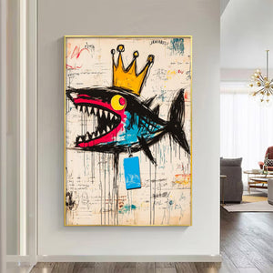 Large Abstract Crown Shark Urban Graffiti Oil Painting Basquiat Inspired Contemporary Wall Art for Modern Home Decor