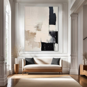 Large Minimalist Abstract Painting – Black and White Canvas Wall Art Hand Painted for Modern Living Room