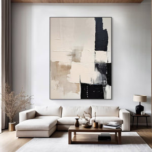 Large Minimalist Abstract Painting – Black and White Canvas Wall Art Hand Painted for Modern Living Room