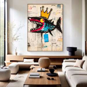 Large Abstract Crown Shark Urban Graffiti Oil Painting Basquiat Inspired Contemporary Wall Art for Modern Home Decor