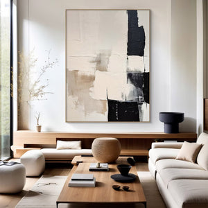 Large Minimalist Abstract Painting – Black and White Canvas Wall Art Hand Painted for Modern Living Room