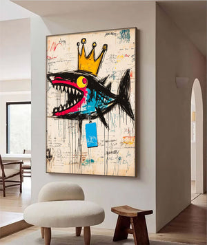 Large Abstract Crown Shark Urban Graffiti Oil Painting Basquiat Inspired Contemporary Wall Art for Modern Home Decor