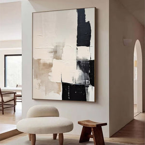 Large Minimalist Abstract Painting – Black and White Canvas Wall Art Hand Painted for Modern Living Room