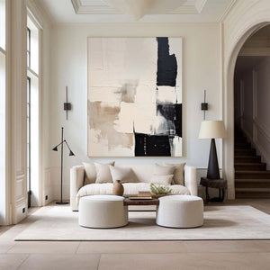 Large Minimalist Abstract Painting – Black and White Canvas Wall Art Hand Painted for Modern Living Room