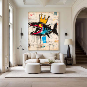 Large Abstract Crown Shark Urban Graffiti Oil Painting Basquiat Inspired Contemporary Wall Art for Modern Home Decor
