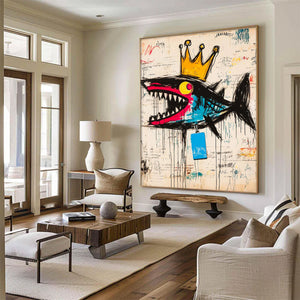 Large Abstract Crown Shark Urban Graffiti Oil Painting Basquiat Inspired Contemporary Wall Art for Modern Home Decor