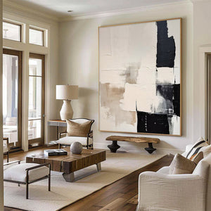 Large Minimalist Abstract Painting – Black and White Canvas Wall Art Hand Painted for Modern Living Room