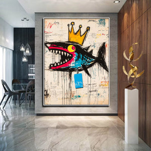 Large Abstract Crown Shark Urban Graffiti Oil Painting Basquiat Inspired Contemporary Wall Art for Modern Home Decor