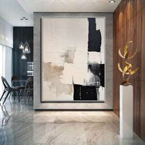 Large Minimalist Abstract Painting – Black and White Canvas Wall Art Hand Painted for Modern Living Room