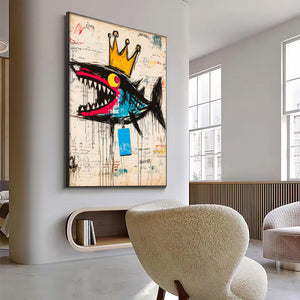 Large Abstract Crown Shark Urban Graffiti Oil Painting Basquiat Inspired Contemporary Wall Art for Modern Home Decor