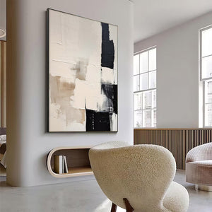 Large Minimalist Abstract Painting – Black and White Canvas Wall Art Hand Painted for Modern Living Room