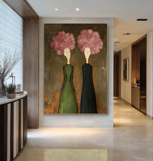 Large Modern Floral Portrait Oil Painting on Canvas Textured Wall Art for Living Room Decor