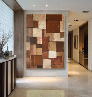 Large Contemporary Patchwork Abstract Canvas Wall Art Terracotta Earth Tone Painting for Home Decor