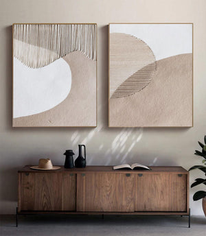 Set of 2 Modern Textured Macrame & Sand Canvas Art Neutral Geometric Wall Decor for Home & Office