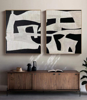Set of 2 Large Black & White Abstract Textured Canvas Wall Art Modern Minimalist Painting for Living Room Decor