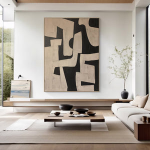 Large Geometric Abstract Oil Painting – Modern Beige and Black Canvas Art Hand Painted for Living Room Decor