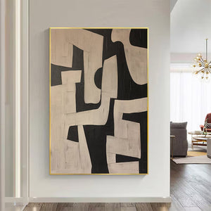 Large Geometric Abstract Oil Painting – Modern Beige and Black Canvas Art Hand Painted for Living Room Decor