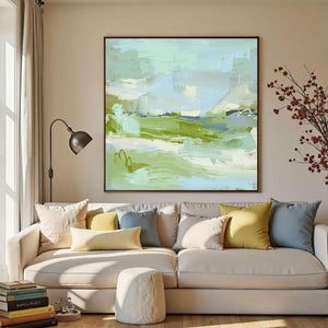 Large Mint Green Abstract Canvas Wall Art Modern Nature Mountain Painting for Interior Decor