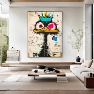 Large Abstract Crown Bird Urban Graffiti Oil Painting Basquiat Inspired Contemporary Wall Art for Modern Home Decor