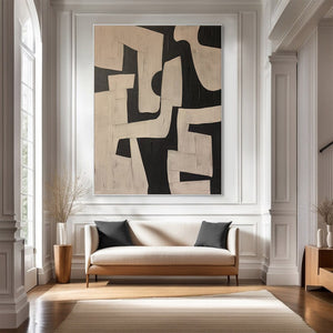 Large Geometric Abstract Oil Painting – Modern Beige and Black Canvas Art Hand Painted for Living Room Decor