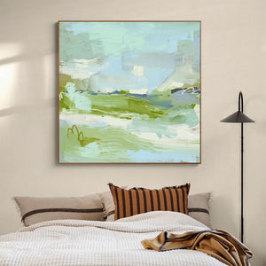 Large Mint Green Abstract Canvas Wall Art Modern Nature Mountain Painting for Interior Decor