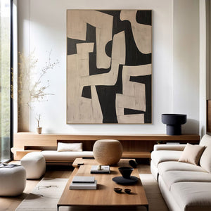 Large Geometric Abstract Oil Painting – Modern Beige and Black Canvas Art Hand Painted for Living Room Decor