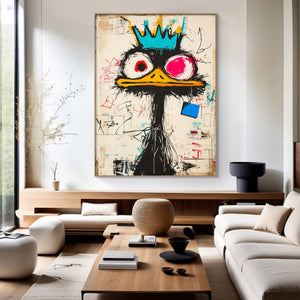 Large Abstract Crown Bird Urban Graffiti Oil Painting Basquiat Inspired Contemporary Wall Art for Modern Home Decor