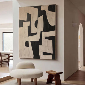 Large Geometric Abstract Oil Painting – Modern Beige and Black Canvas Art Hand Painted for Living Room Decor