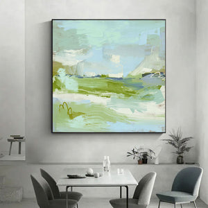 Large Mint Green Abstract Canvas Wall Art Modern Nature Mountain Painting for Interior Decor