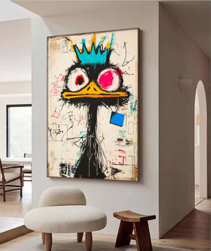 Large Abstract Crown Bird Urban Graffiti Oil Painting Basquiat Inspired Contemporary Wall Art for Modern Home Decor