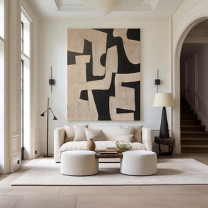 Large Geometric Abstract Oil Painting – Modern Beige and Black Canvas Art Hand Painted for Living Room Decor